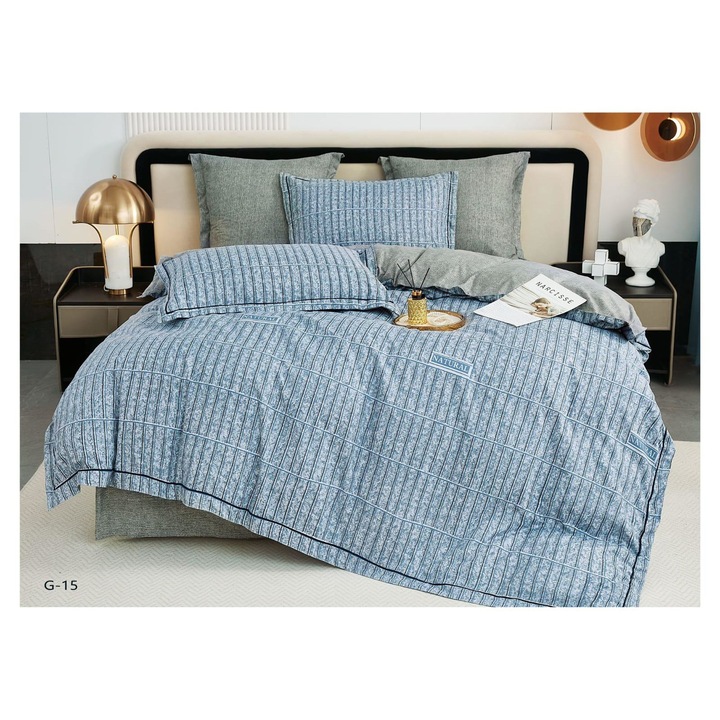 Двойно спално бельо Cotton-Fine 6 части, G15, CasaShop, Сиво-Синьо