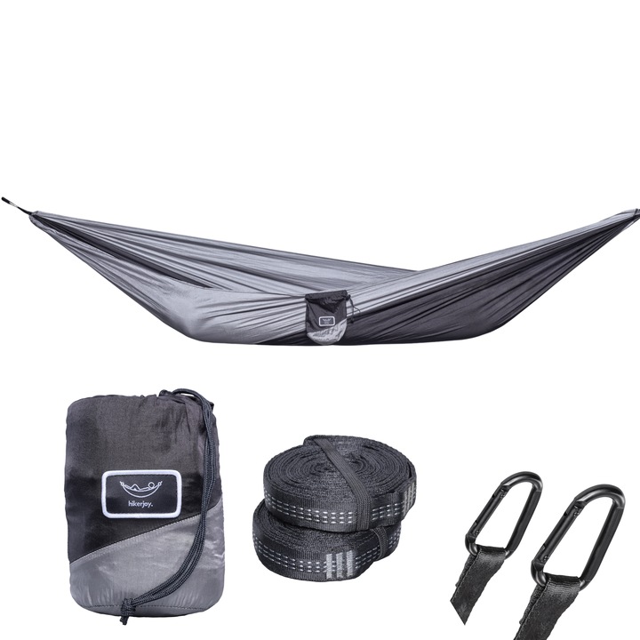 Hamac hikerjoy, din material tip parasuta, ultra usor, ultra portabil, excelent pentru camping, outdoor, backpacking, 270x140 cm, doua curele de prindere si carabine incluse, negru cu gri