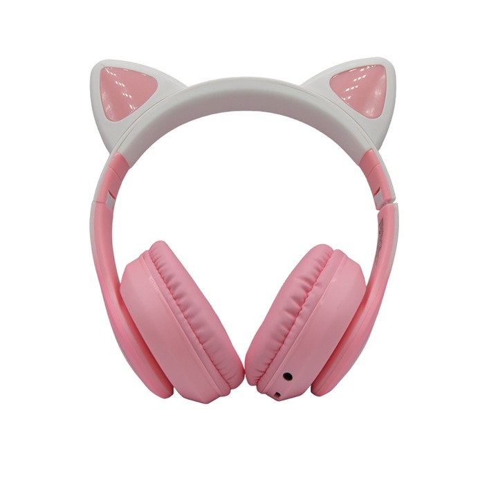 MRKT EM3 vezeték nélküli fejhallgató, USB, Bluetooth, macskafül, rózsaszín