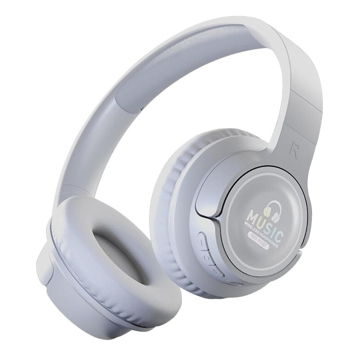 MRKT B455 vezeték nélküli fejhallgató, BT, RGB, USB-C kábel, SD foglalat, összecsukható, fehér