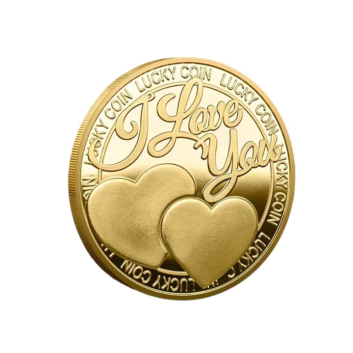 Moneda metalica Golden Heart pentru colectie, diametru 40 mm, grosime 3 mm, carcasa de protectie inclusa, exterior auriu