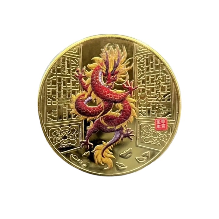 Moneda metalica Golden Dragon pentru colectie, diametru 40 mm, grosime 3 mm, carcasa de protectie inclusa, exterior auriu
