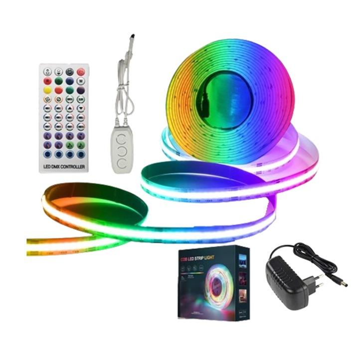 Kit Banda LED RGBIC COB, LEDRGB, 5 metri, 576 LED-uri/m, Control Bluetooth si App, Pilot, WS2811, Multicolor, Efect Curcubeu, Timer, Kit 11 in 1, Posibilitatea de Taiere a diodei