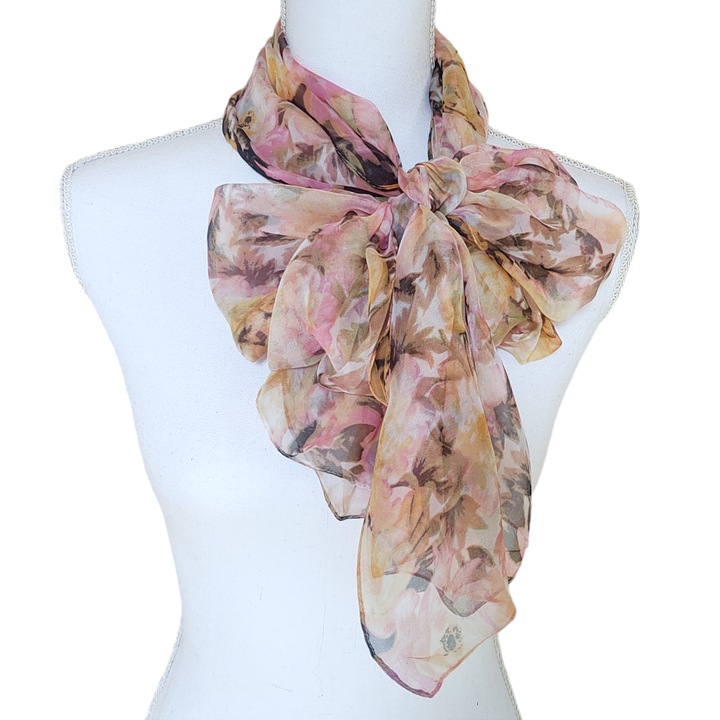 Esarfa voal, model floral roz galben pe fond bej, 160 x 50 cm