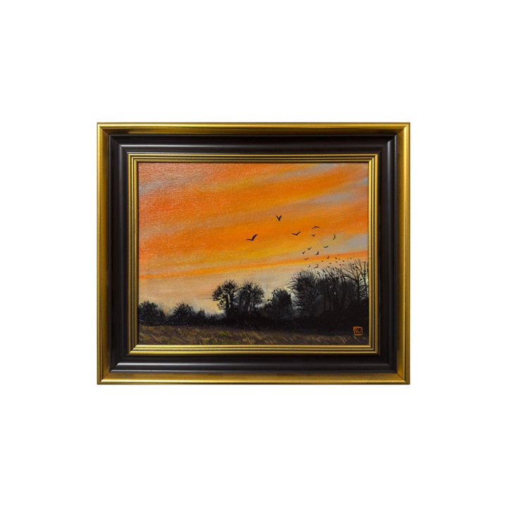 Kézzel festett festmény vászonra, Nyári naplemente táj, kerettel, 30 x 25 cm
