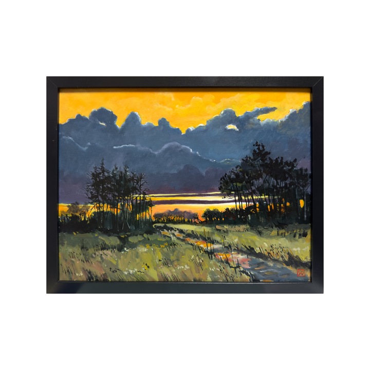 Kézzel festett festmény vászonra, Tájvihar, kerettel, 40 x 30 cm