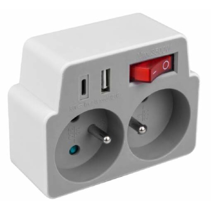 Priza dubla CEE 7/5, TYPE E, 16A cu USB A si type-C 2.4A, cu intrerupator