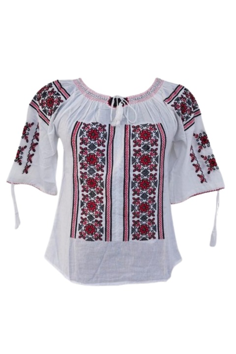 Bluza tip ie dama, Maneca Scurta, Model Traditional, Bumbac, Broderie Rosu-Negru