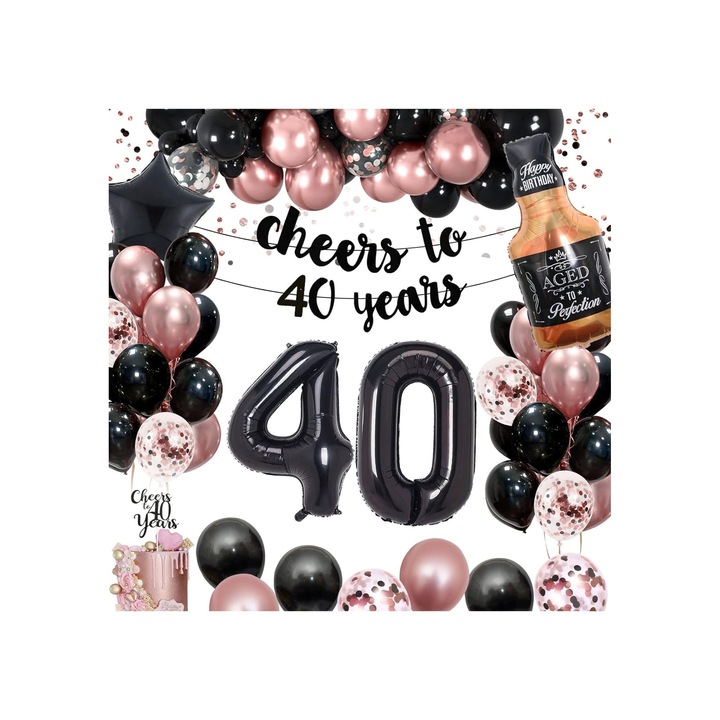 40 éves évfordulós léggömbök és dekoráció, 44 db, latex és fólia, fekete és rózsaszín