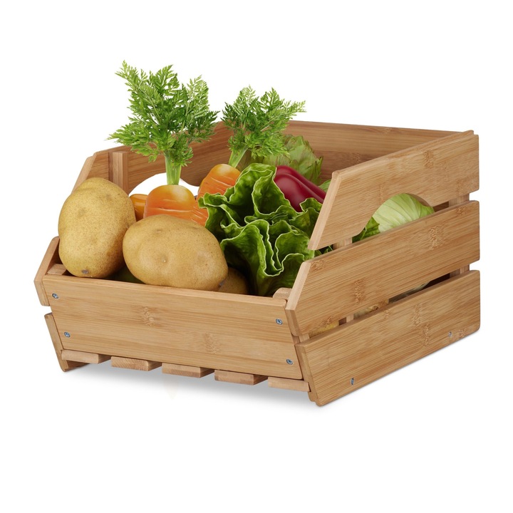 Cutie de depozitare universala, stivuibila, din bambus natural, pentru fructe sau legume, 20 x 27 x 38 cm