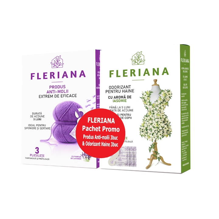 Pachet FLERIANA Produs Natural Anti-molii pentru Haine, 3 bucati+Odorizant natural pentru haine Iasomie, 3 bucati