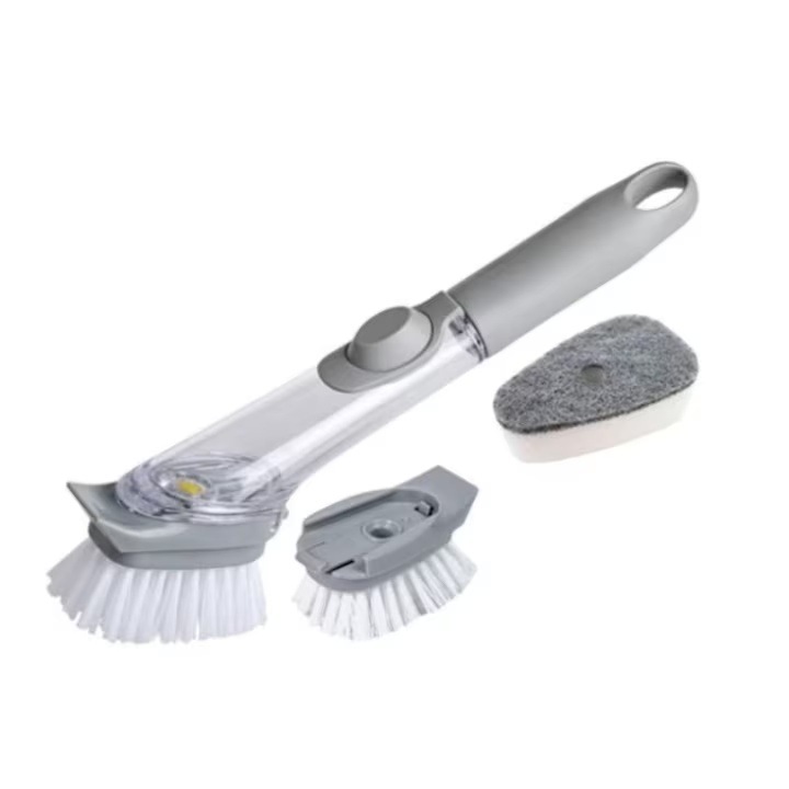 Perie multifunctionala pentru spalat vase, maner lung cu rezervor pentru detergent, cu 2 capete de rezerva, 1 perie si 1 burete, 24 cm, gri