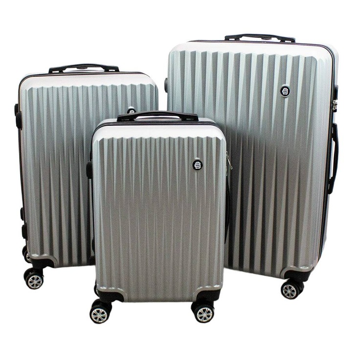 Set 3 valize de voiaj, 47/80/115 l, Aluminiu, Plastic, argintiu