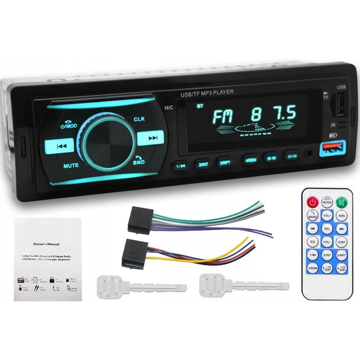 Radio auto Tudis cu Bluetooth, HandsFree, Telecomanda, 1DIN MP3, 2 x USB, 7 Culori