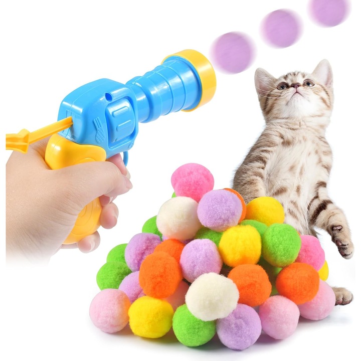 Joc interactiv cu mingea pentru pisici si caini, 1 x lansator de bile, 20 de bile de plus