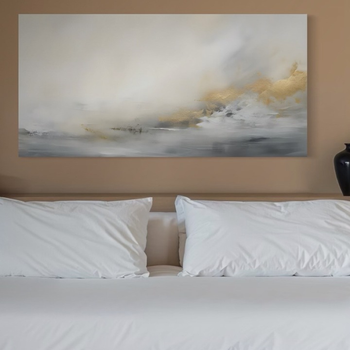 Първокласна картина на платно, LuxCanva® C1245, Мъгла над езерото, 70 X 140 CM, 100% памучно платно 400g/m2, Дървена рамка, Релаксация, Всекидневна, Живи цветове