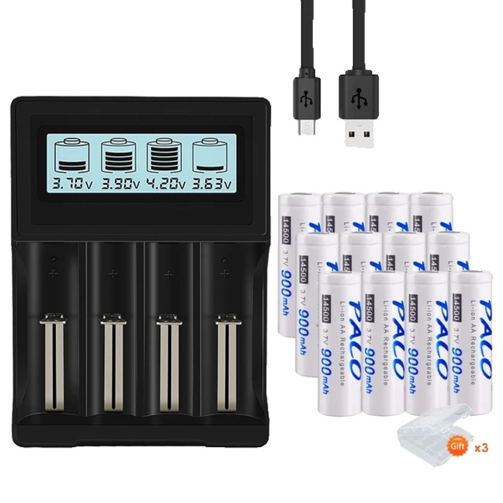 Palo, Li-Ion 14500 akkumulátor készlet, 900mAh, 3,7V, 12 db és töltő, 14,1x49,7 mm