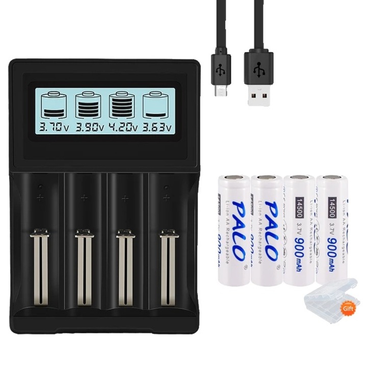 Set 4 baterii Li-Ion 14500, PALO, AA, 900mAh, 3.7V, cu incarcator, 14.1x49.7mm