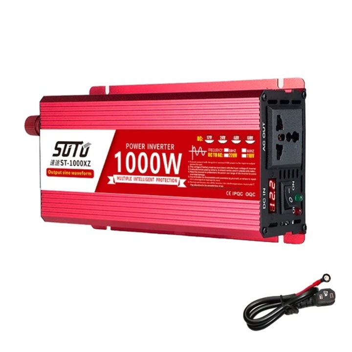 Tiszta szinuszos autó inverter, 1000W, 12V, 220V-240V, alumínium ház, 50Hz