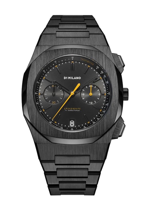 Мъжки часовник D1 Milano Chronograph Tangerine, механизъм Seiko VK64, черен с жълти детайли