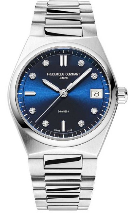 Ceas Frederique Constant, cadran albastru cu cristale, mecanism quartz, inox, argintiu