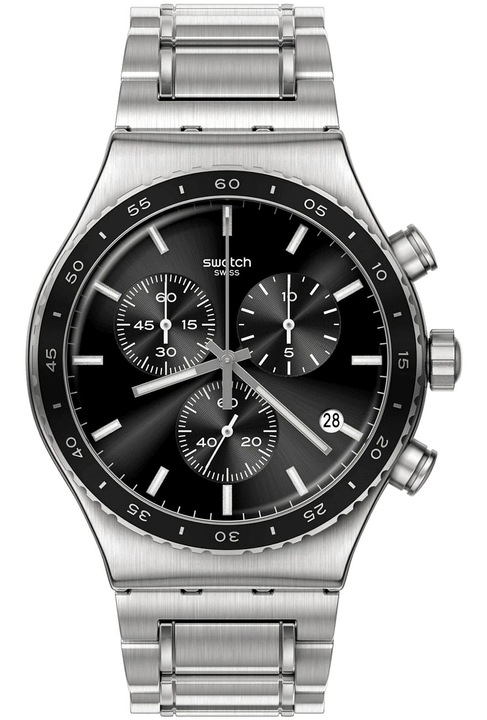 Swatch óra, fröccsenésálló, ezüst/fekete, acél karkötő