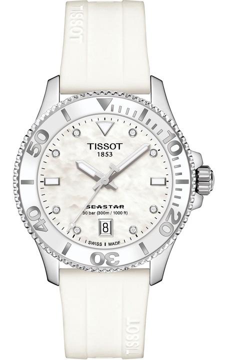 Ceas de dama Tissot Seastar 1000, mecanism kwarcowy F05.412, 8 diamante, silicon alb, 30 ATM