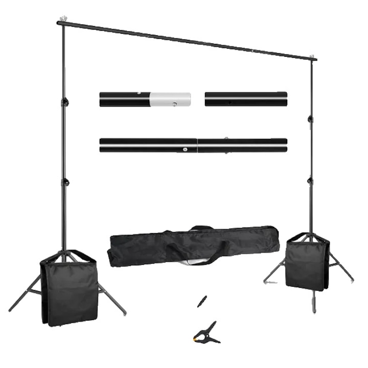 Sistem Suport Telescopic Reglabil pentru Studio Foto Video, 2.6x3M, cu Geanta de Transport, Set 4 Bare Transversale