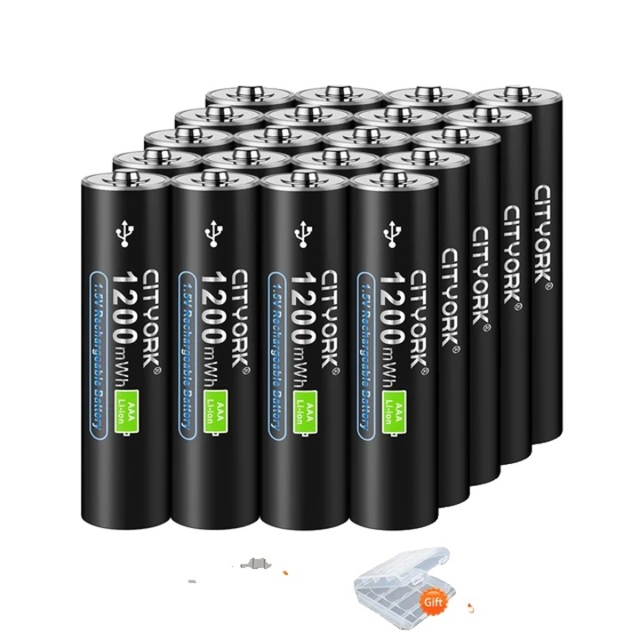 Set 20 baterii reincarcabile AAA, 1200mAh, litiu, incarcare USB tip C, -20-60°C, multicolor