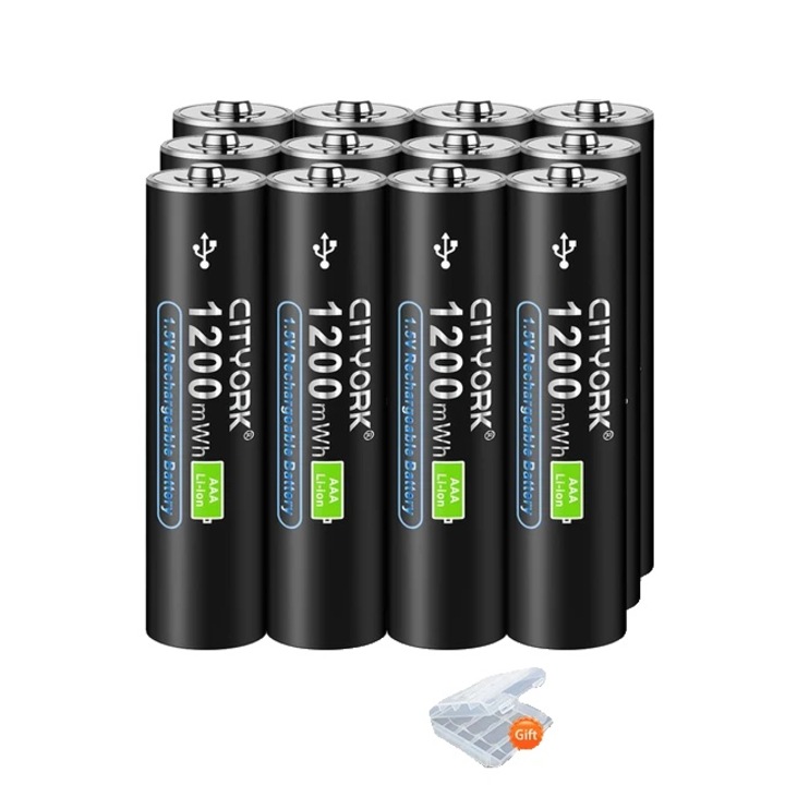 Set 12 baterii reincarcabile AAA, 1200mAh, litiu, incarcare USB-C, -20-60°C, multicolor