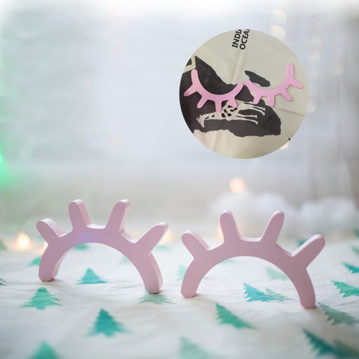 Fali dekoráció fából készült szempillákkal, Jormftte, 2 darabos készlet, álmos szemek, rózsaszín