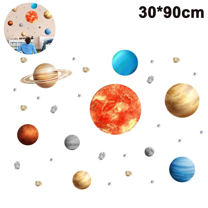 Стикери за стена, планети, комплект 1 бр, PVC, 90x30см, декоративни, антистатични