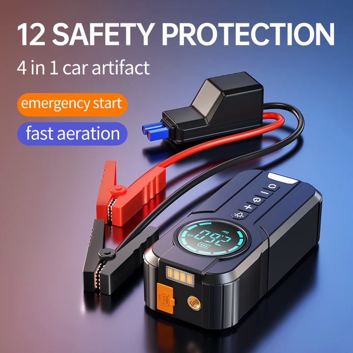 Автомобилен стартер и въздушен компресор 2 в 1, Fudisenn®, за 6L бензинов или 3L дизелов двигател, максимален ток 1000A, капацитет 6000 mAh, 12V, фенерче, USB външна батерия, смарт клещи, фланелена чанта, черен, 195×59×83mm
