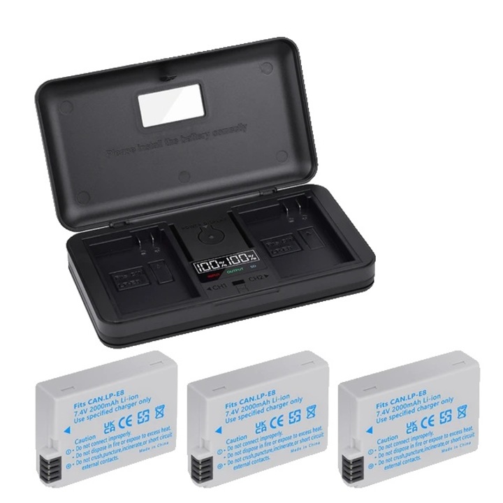 Set Incarcator Multifunctional si Baterii LP-E8 pentru Canon EOS, 2000mAh, 7.4V, 3 Baterii, 1 Incarcator, Portabil, Multicolor, 13.7x7.8cm