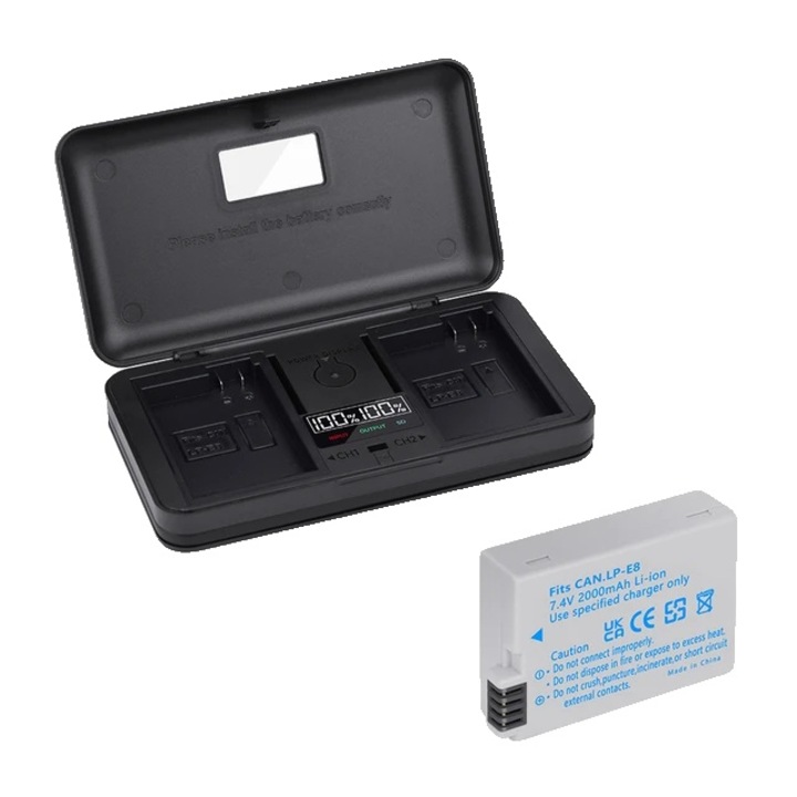 Set Incarcator Multifunctional si Baterie LP-E8, Capacitate 2000mAh, 7.4V, Ecran LCD, Port USB-C, pentru Canon EOS, 54x36x15mm, Negru