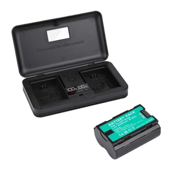 Set incarcator si baterie pentru camera, capacitate 2600mAh, cutie portabila, cititor card SD, negru, 52.3x38.9x22.8mm