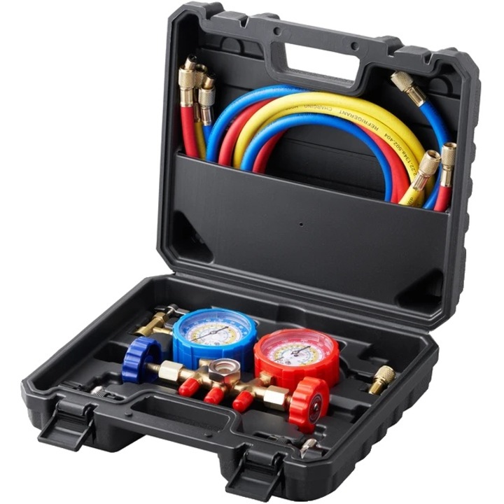 Set manometru AC, 3 cai, compatibil R134A/R22/R12/R502, multicolor, 600-3000 psi