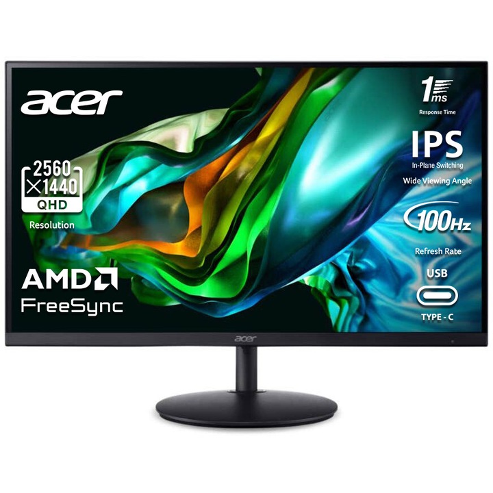 Монитор Acer SH272UEbmiphux, 27", LED, IPS, 2560 x 1440, 1 x HDMI 2.0, USB Type-C с DisplayPort ф-я, 1 x Audio Out, Вградени високоговорители 2 x 1W