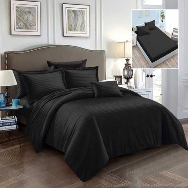 Lenjerie de pat Damasc, Policoton, 6 piese, cearceaf cu elastic 160x200cm, pentru pat dublu, neagra, Ralex Pucioasa, LDP-POLI-6P-CRF-160x200-NEAGRA-P59