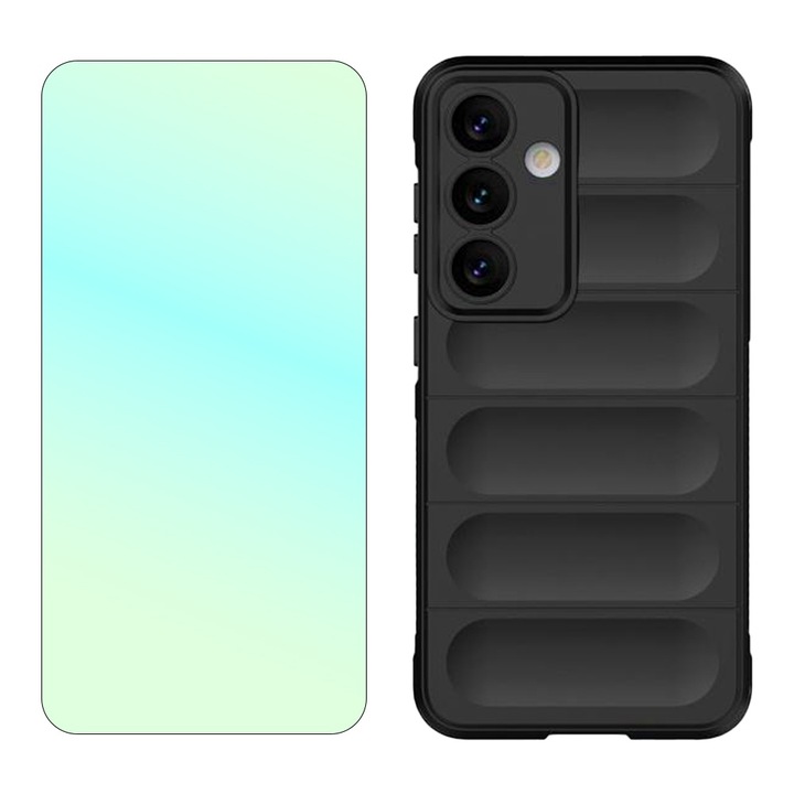 Set Folie Sticla Securizata 2.5D, Optically Clear Glass, Industry High 9H+, si Husa Buffer din Silicon cu Microfibra pentru Samsung Galaxy A55, OPTIM SOLUTION, Military-Grade Resistance, SilkySmooth, Anti-amprente, Flexible TPU, Ergonomic Design, Negru