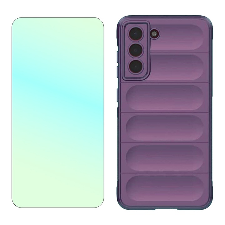 Комплект 2.5D стъклен протектор, оптично прозрачно стъкло, Industry High 9H+ и силиконов калъф с микрофибър, за Samsung Galaxy S23 Plus, OPTIM SOLUTION, Military-Grade Resistance, Smooth, против пръстови отпечатъци, гъвкав TPU, Лилав