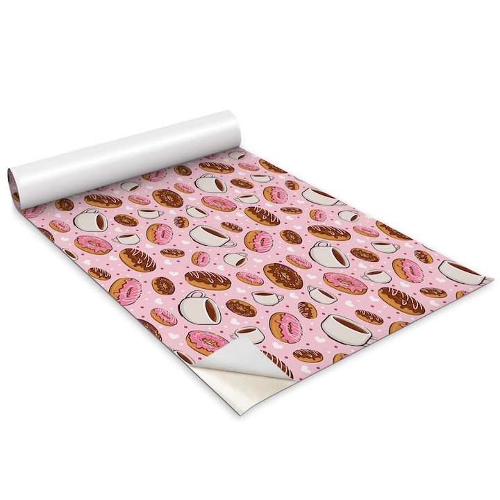Folie de mobila autoadeziva, Wallfluent, gogosi de desene animate si cafea, Roz, 100x50 cm, 010130570010000028100
