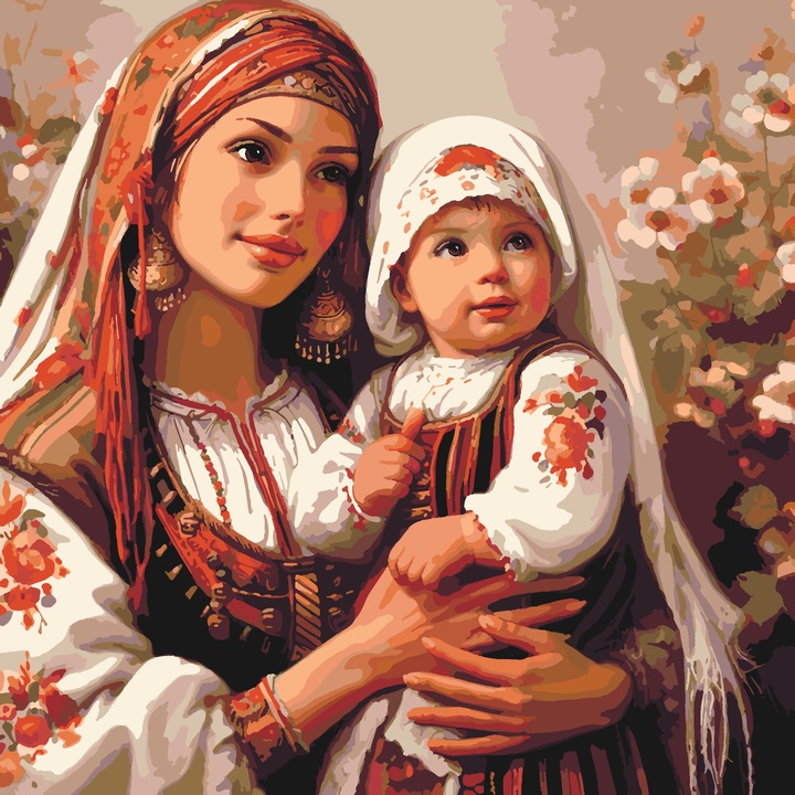 Комплект за рисуване по номера, Арт-Хоби, Майка и дете, платно върху дървена рамка, 40x40 см, български сюжети