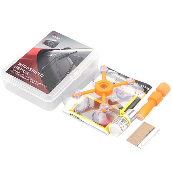 Kit profesional reparatie parbriz, ASKSA®, pentru geam auto, fisura, lovitura piatra, calitate premium, usor de folosit