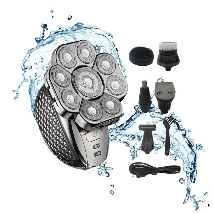 Професионална електрическа самобръсначка MOSMAOO® за мъже, 9 ножчета, включени аксесоари за брада и нос, водоустойчив IPX6, сребрист металик