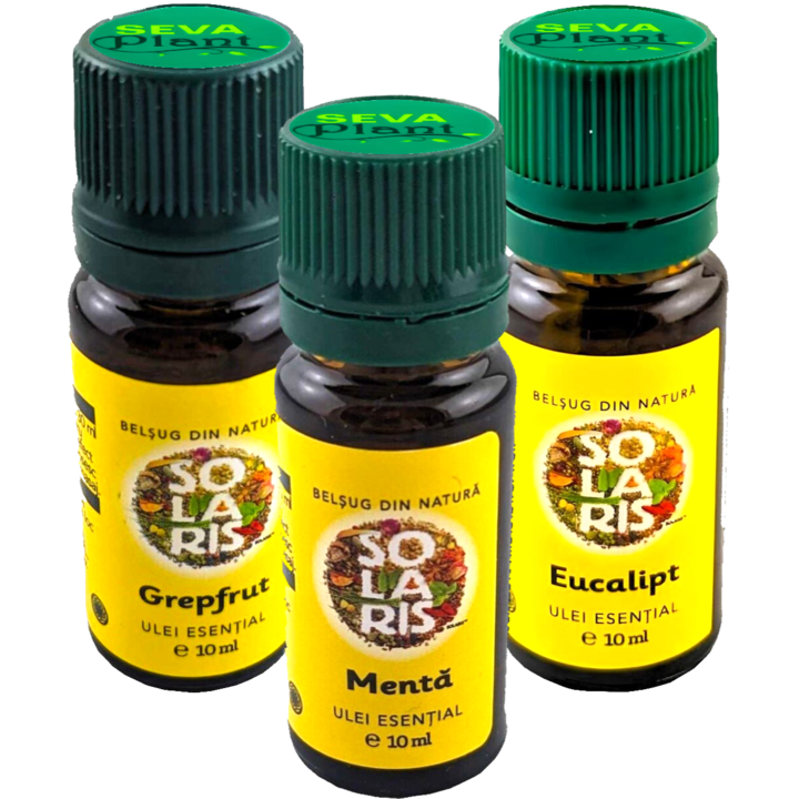 Pachet 3 uleiuri esentiale pure "Racoritoare de Vara", cu menta, eucalipt si grapefruit, Solaris, 3x10ml, Seva Plant