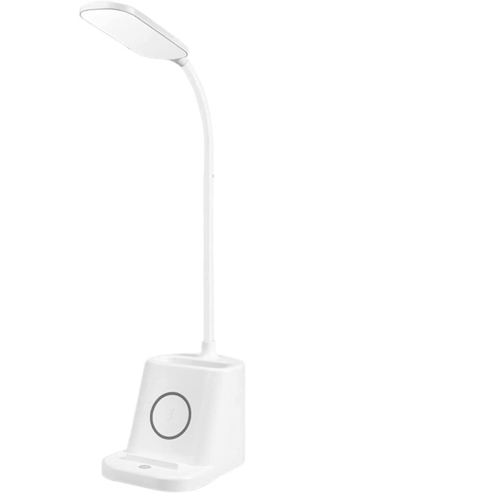 Lampa de birou LED, cu incarcare wireless 10 W, cu 3 moduri de intensitate pentru protectia ochilor, cu suport pentru instrumente de scris, alb