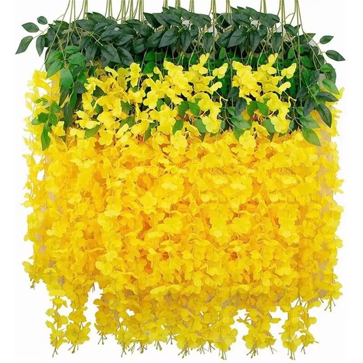 Set 12 Bucati Planta Artificiala Curgatoare Glicina Wisteria Mov cu Frunze, Lungime 1.1 m, JOYFIER®, Galben