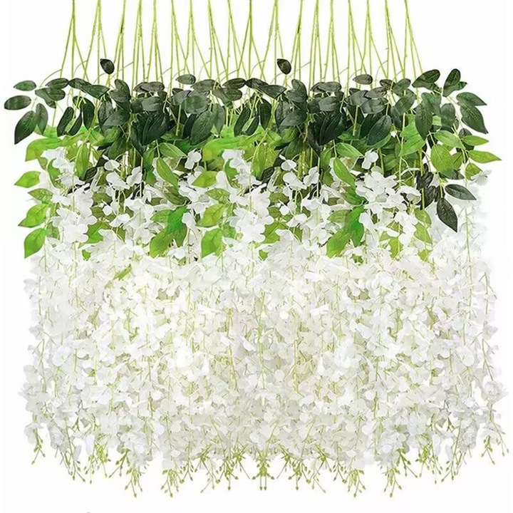 Set 12 Bucati Planta Artificiala Curgatoare Glicina Wisteria Mov cu Frunze, Lungime 1.1 m, JOYFIER®, Alb