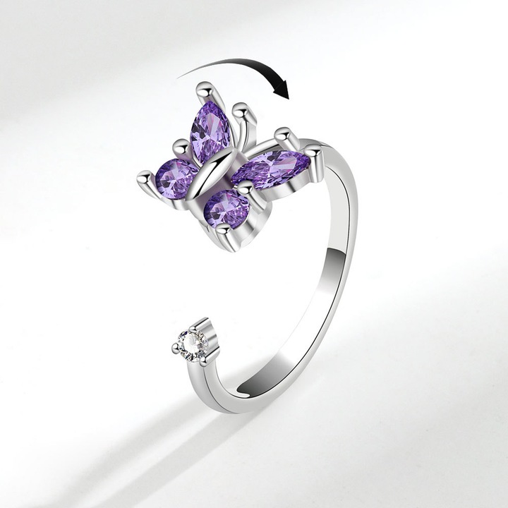 Inel dama, cu fluture rotativ, circumferinta 56mm deschis reglabil, argintiu/purple